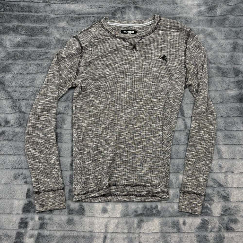 Express Mens Waffle Knit Thermal Shirt Gray Space Dye Long Sleeve Lion Logo S